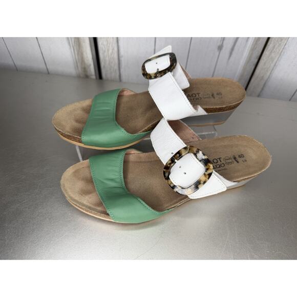 Naot Kingdom Sandals White Green Leather Open Toe Slide Wedge Size EU40 US 9/9.5 - Picture 1 of 5